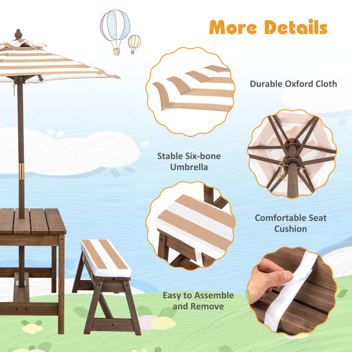 Coast Kids Picknicktisch mit Sonnenschirm und Kissen - 89 x 85 x 47 cm - Farbe Kaffee - Activity Tisch- und Stuhlset für drinnen und draußen