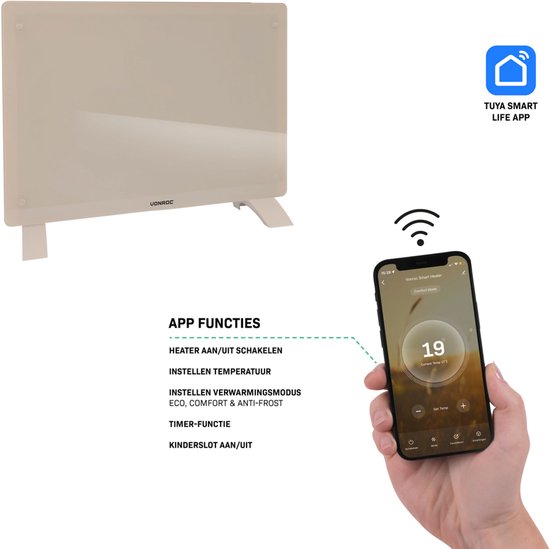 VONROC Luxury electric heater - Konvektorheizung mit Glasscheibe - 750W/1500W - Beheizt Räume bis zu 18m2 - Gesteuert sowohl mit App (über Wifi) als auch manuell - Einstellbarer Thermostat und Timer - Beige