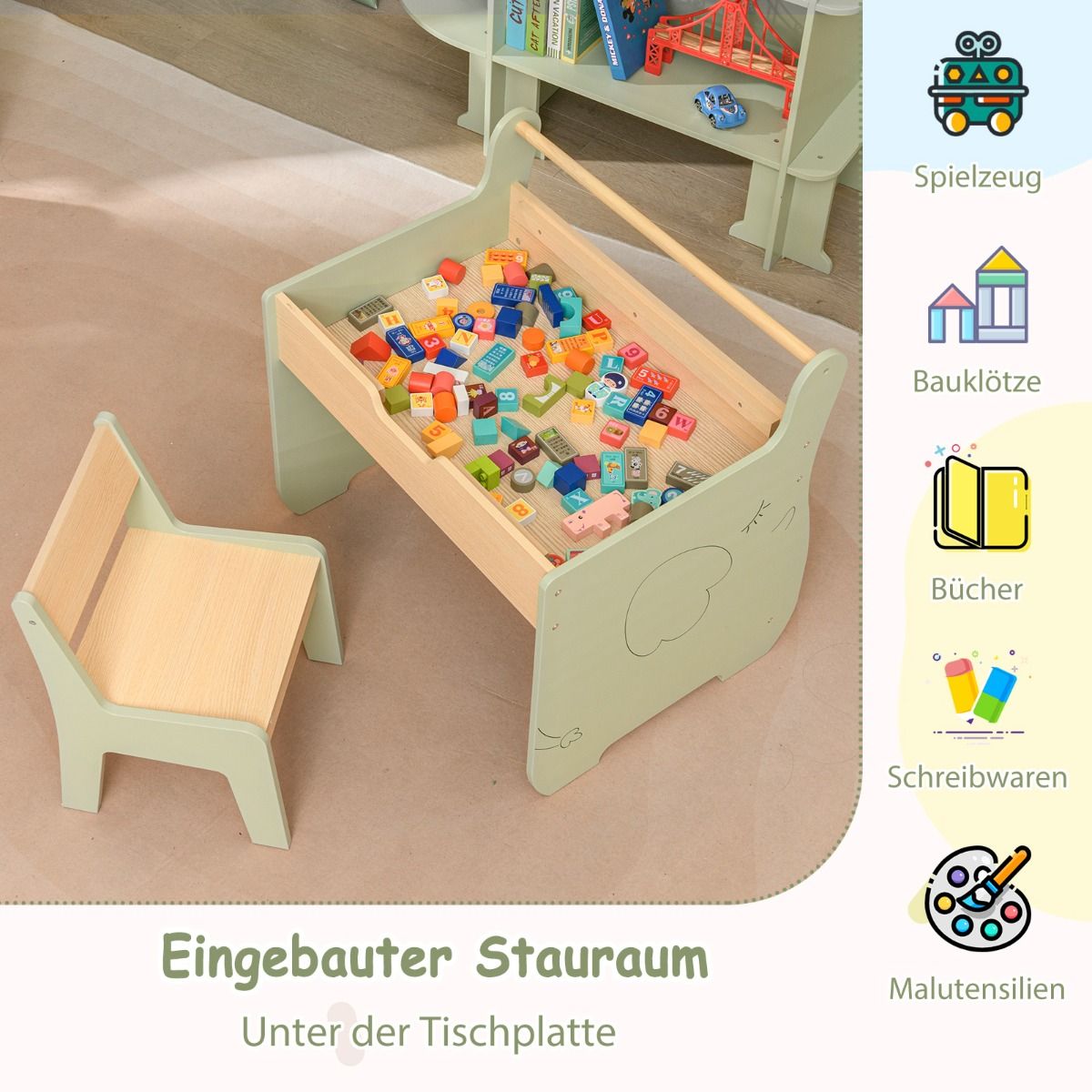 Coast 3-in-1-Kindertischset – mit wendbarer Tischplatte und verstecktem Stauraum – grün