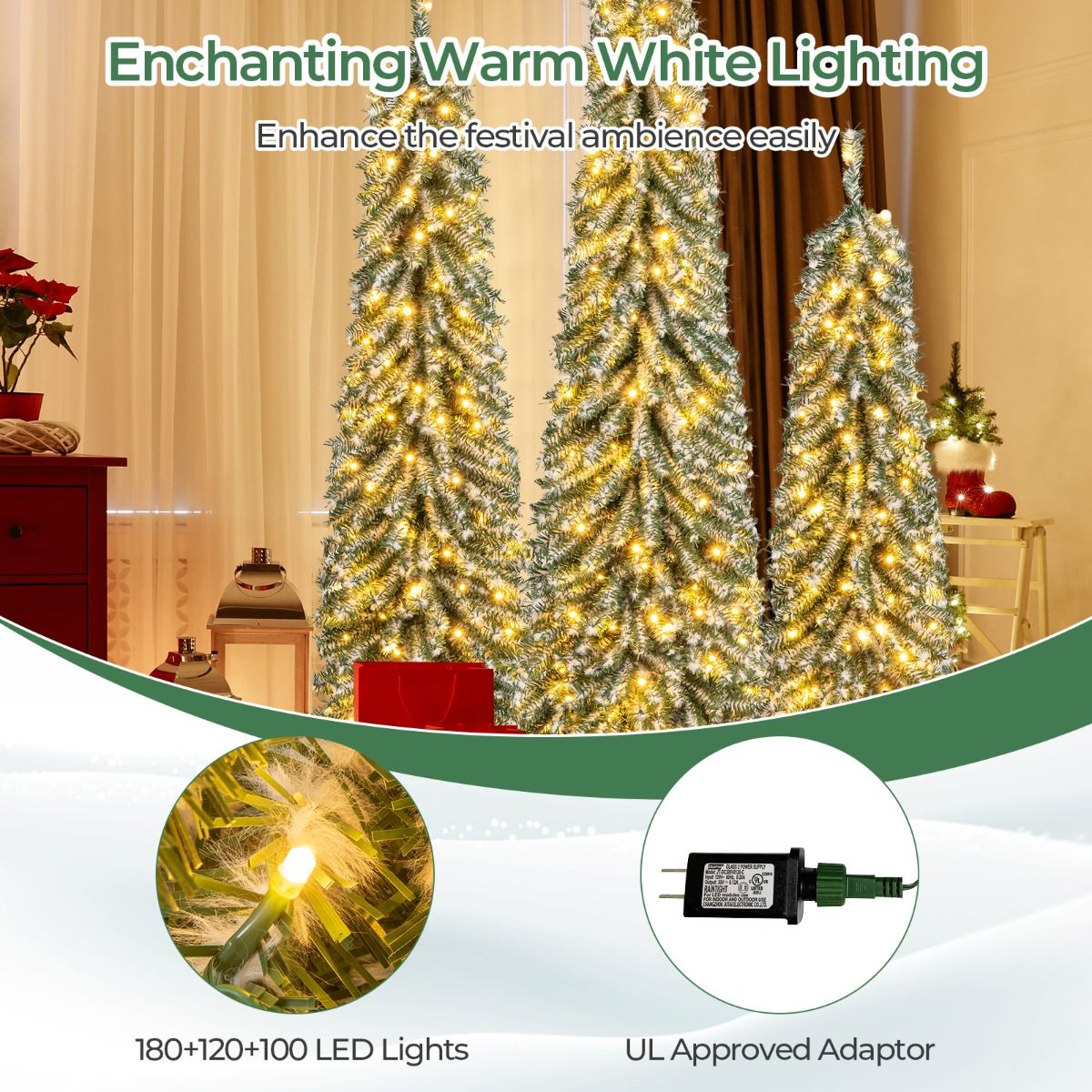 Coast Kunstweihnachtsbäume-Set – Bleistiftform – mit Kunstschnee und LED-Beleuchtung – 120/150/180 cm