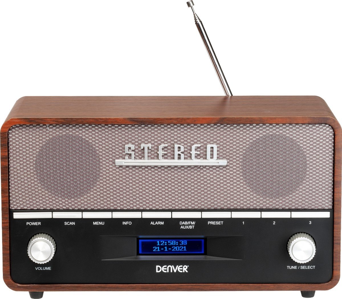 Denver DAB Radio - Retro - XL - DAB+/ FM Radio - Bluetooth - Dimmbar - 100W - Batterien & Netz - Holz