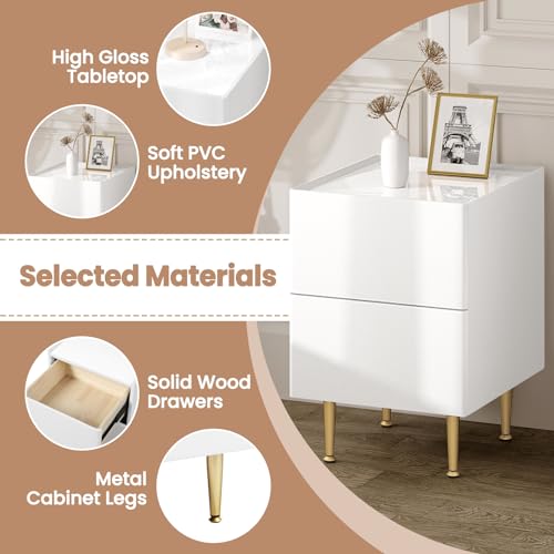 Woltu Nachttisch NTS10ws03 Weiß Hochglanz mit goldenen Akzenten - 2 Schubladen - MDF, PVC und Metall - 40 x 35 x 51 cm