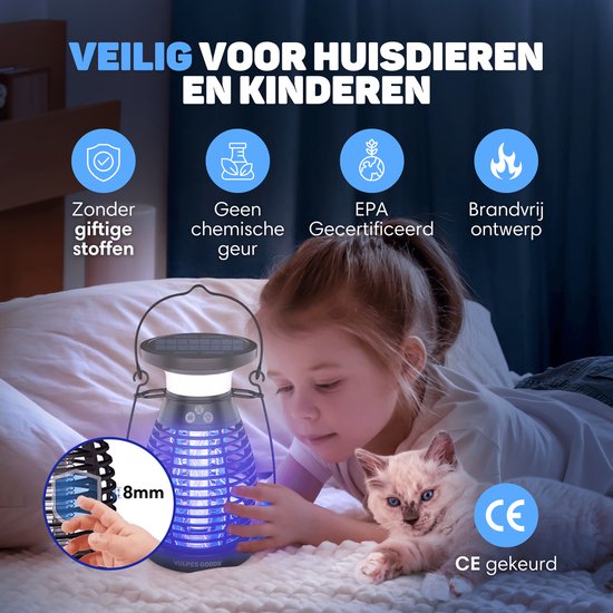 Vulpes Goods® Repellent Mückenlampe PRO - Elektrischer Insektenvernichter - UV-Modus & Nachtlicht - Aufhängbar - Wiederaufladbar & Solar - Wasserdicht - Inkl. Auffangschale & Reinigungsbürste
