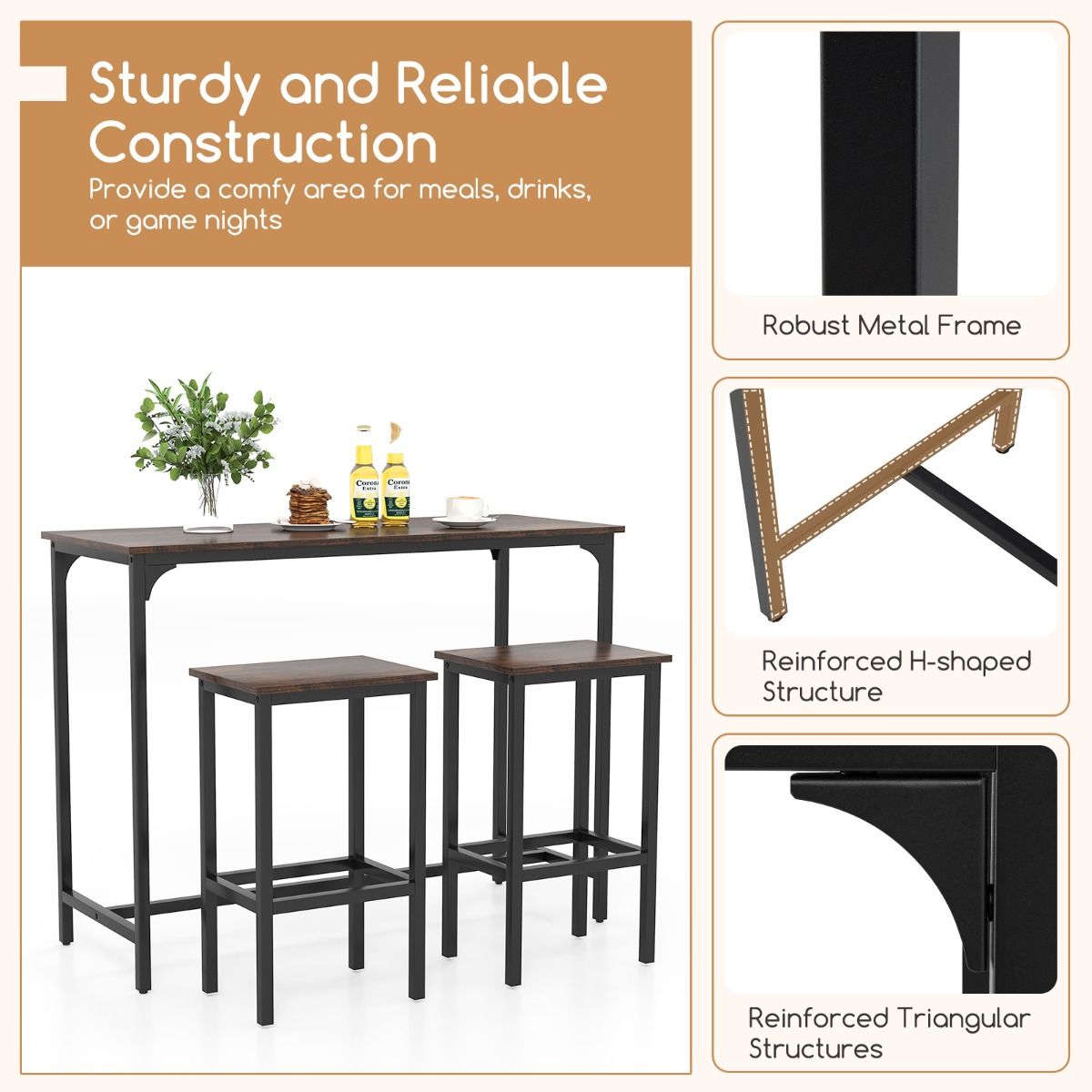 coast 3-tlg. Bartisch-Set - 120x48x91 cm - 2 Barhocker 40x30x66 cm - Braun/Schwarz - Industriedesign