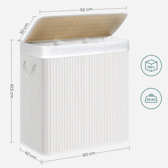 SONGMICS – Wäschekorb 150 Liter – 3 Sortierfächer – 60 x 40 x 61,5 – Bambus mit Stoffbezug – weiß LCB091W01