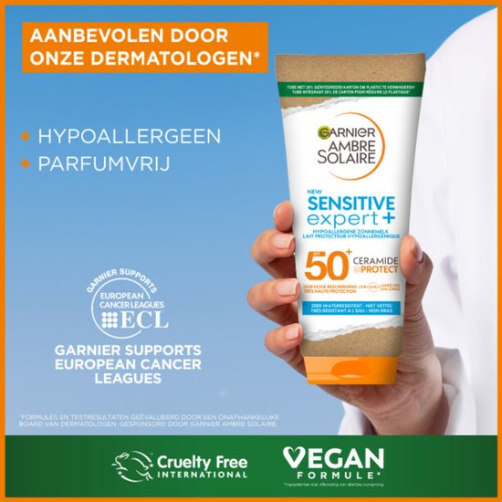 Garnier Ambre Solaire Sensitive Expert+ LSF 50+ – Hypoallergene Sonnencreme für empfindliche Haut mit Ceramide Protect – 175 ml