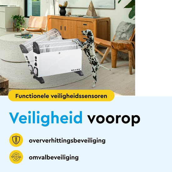 BRASQ - Elektrischer Konvektor - Turbofunktion und einstellbarer Thermostat - Kompakt und leise - Timer - 750/1250-2000 Watt - Heizung mit Überhitzungsschutz - Weiß - Elektroheizung