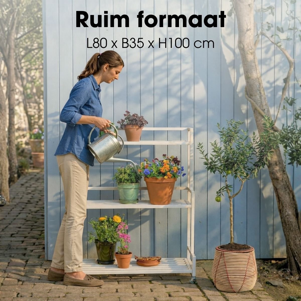 Mica Decorations Greenrax Pflanzenregal auf Rädern – mehrere Ablagen – 80 x 35 x 100 cm – gebrochenes Weiß