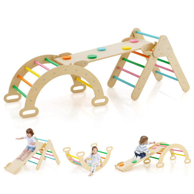 Coast 4-in-1 Holz-Kletterregal-Set - Kletterdreieck, Kletterbogen, Doppelseitige Rutsche/Kletterrampe, 50 kg belastbar - Verschiedene Abmessungen - Buchenholz - Farbenfroh
