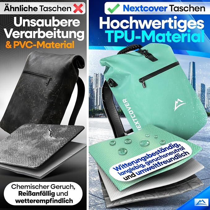 Nextcover 3-in-1-Fahrradtasche, Rucksack und Umhängetasche, 25 Liter – wasserdicht und PVC-frei – mit Laptopfach – für E-Bikes geeignet – Coin