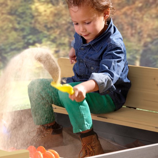 AXI Ella XL Holzsandkasten in Grau/Braun – mit Sitzbänken und Abdeckung – FSC-Holz – 120 x 120 x 20 cm – Sandkasten für Kinder