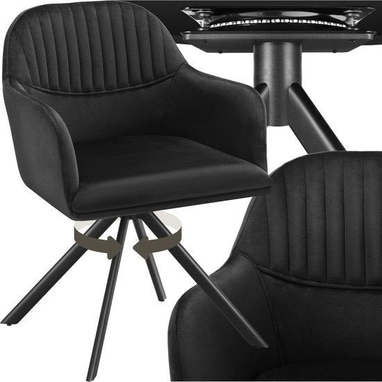 tectake® Velvet swivel chair - Bürostuhl - Esszimmerstuhl mit Armlehnen - Velvet office chair, kitchen chair, living room chair - 56 x 59 x 81 cm - Schwarz/Schwarz