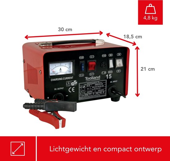 Toolland Batterieladegerät 12/24 V, mit Booster/Starthilfe 9 A, mit thermischem Ãœberlastungsschutz, Amperemeter - Metallgehäuse, rot