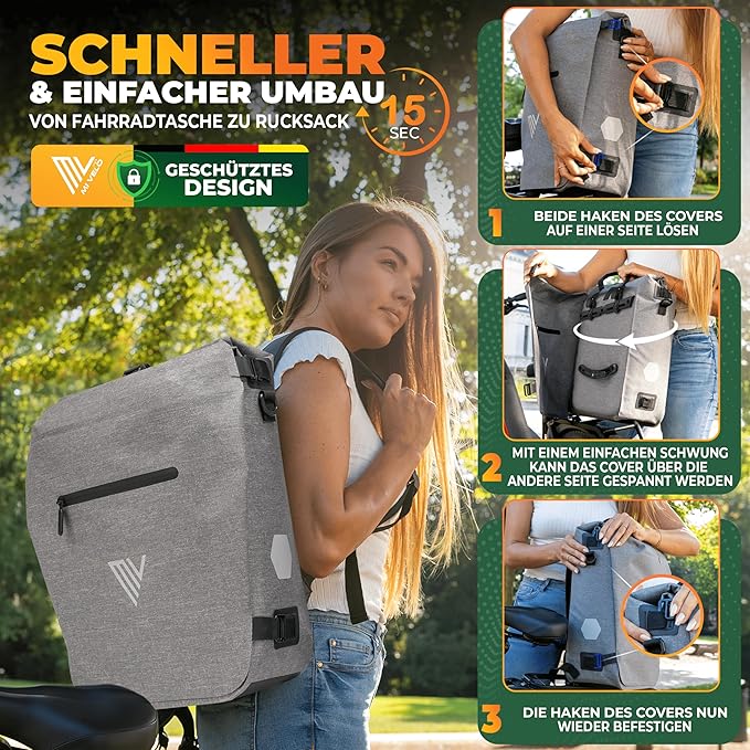MIVELO Pannier - 3-in-1 Rucksack & Umhängetasche - Wasserdichtes Thermoplastisches Polyurethan - 20 Liter - Grau