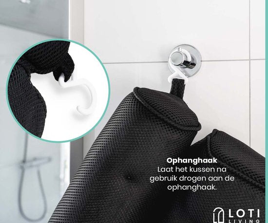 Loti Living Badekissen für die Badewanne - Badekissen - Nackenkissen für die Badewanne - Kopfstütze für die Badewanne - Badekissen mit Saugnäpfen - 6 Saugnäpfe - Ergonomisches Nackenkissen - Anti-Rutsch - Schwarz