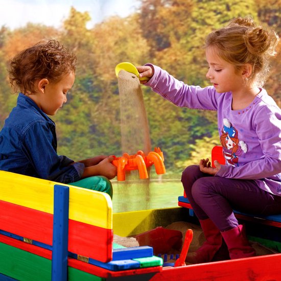 AXI Ella Holzsandkasten in Regenbogenfarben – Mit Sitzbänken und Deckel – FSC-Holz – 100 x 95 x 20 cm – Sandkasten für Kinder