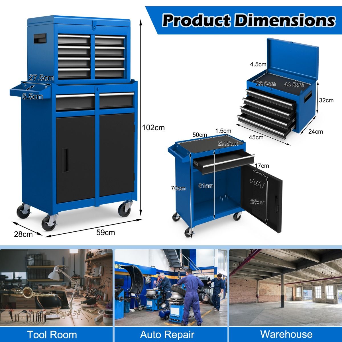 Coast Werkzeugkasten - 4-Schubladen - mit Rädern und Stauschrank - 59 x 28 x 102 cm - Blau