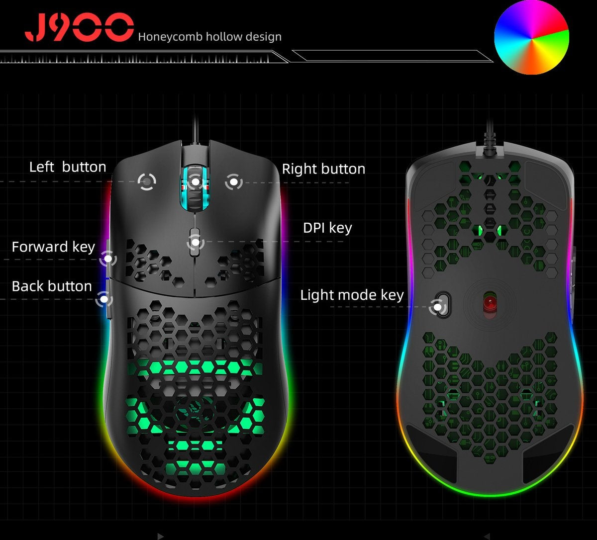 HXSJ J900 Optische Gaming-Maus - Ultraleicht - RGB-Beleuchtung - 6400 DPI - Schwarz