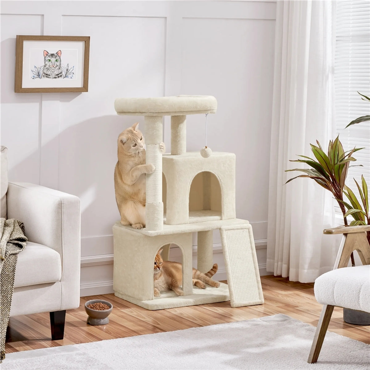 Yaheetech Katzenpfosten mit 2 Katzenhäusern - ausgestattet mit Sisalkratzbaum und Kratzbrett und Aussichtsplattform - für kleine und mittelgroße Katzen - beigefarbener Plüsch und Spanplatte - 60 x 45 x 106 cm