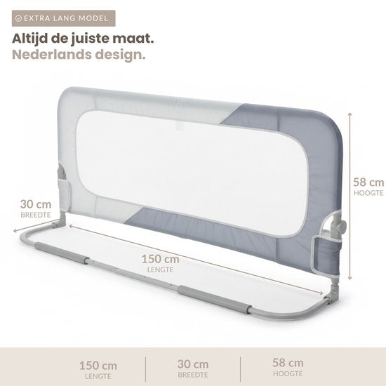 Babietec Bettgitter, verstellbar und zusammenklappbar – extra lang, 150 cm – Bettgitter – Boxspring – Ausfallschutz – Bettgitter – Dunkelgrau