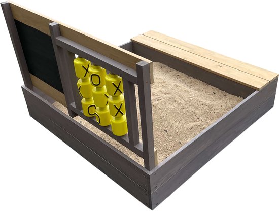 AXI Kitty Sandkasten mit „Butter-Käse-und-Eier“-Motiv, grau/braun – Mit Sitz – Inklusive Abdeckplane und Bodenplane – FSC-zertifiziertes Holz