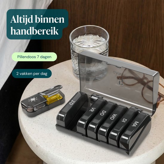 Gandria Tablettenbox 7 Tage, 2 Fächer – niederländischsprachig – Medikamentenbox mit stabilem Verschluss – herausnehmbare Tablettenfächer für unterwegs – schwarz
