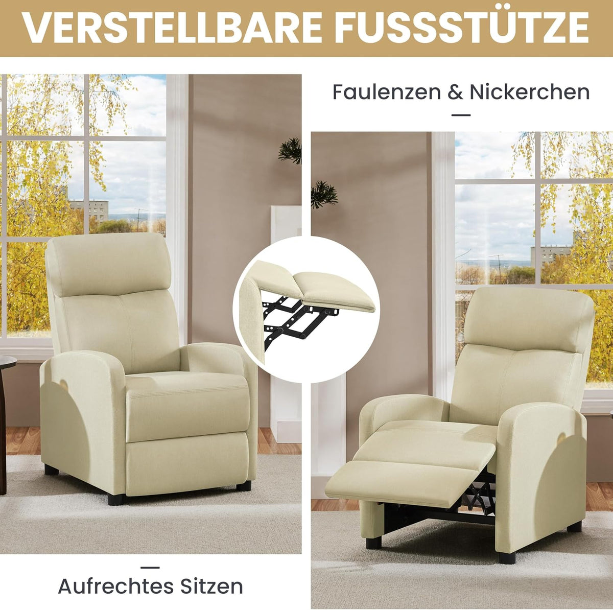 Yaheetech Relaxsessel TV-Sessel – 87 x 61,5 x 99 cm – Verstellbare Fußstütze – Beige