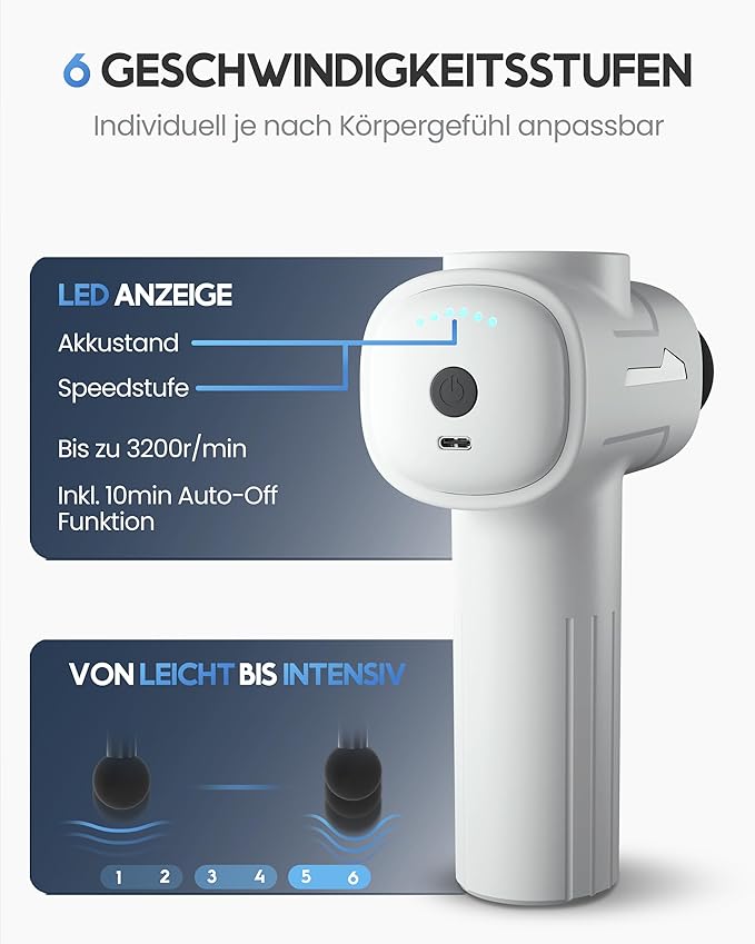 Heroism Massage Gun - 6 Aufsätze, 3200 U/min, USB-C, Muskelmassagegerät - weiß