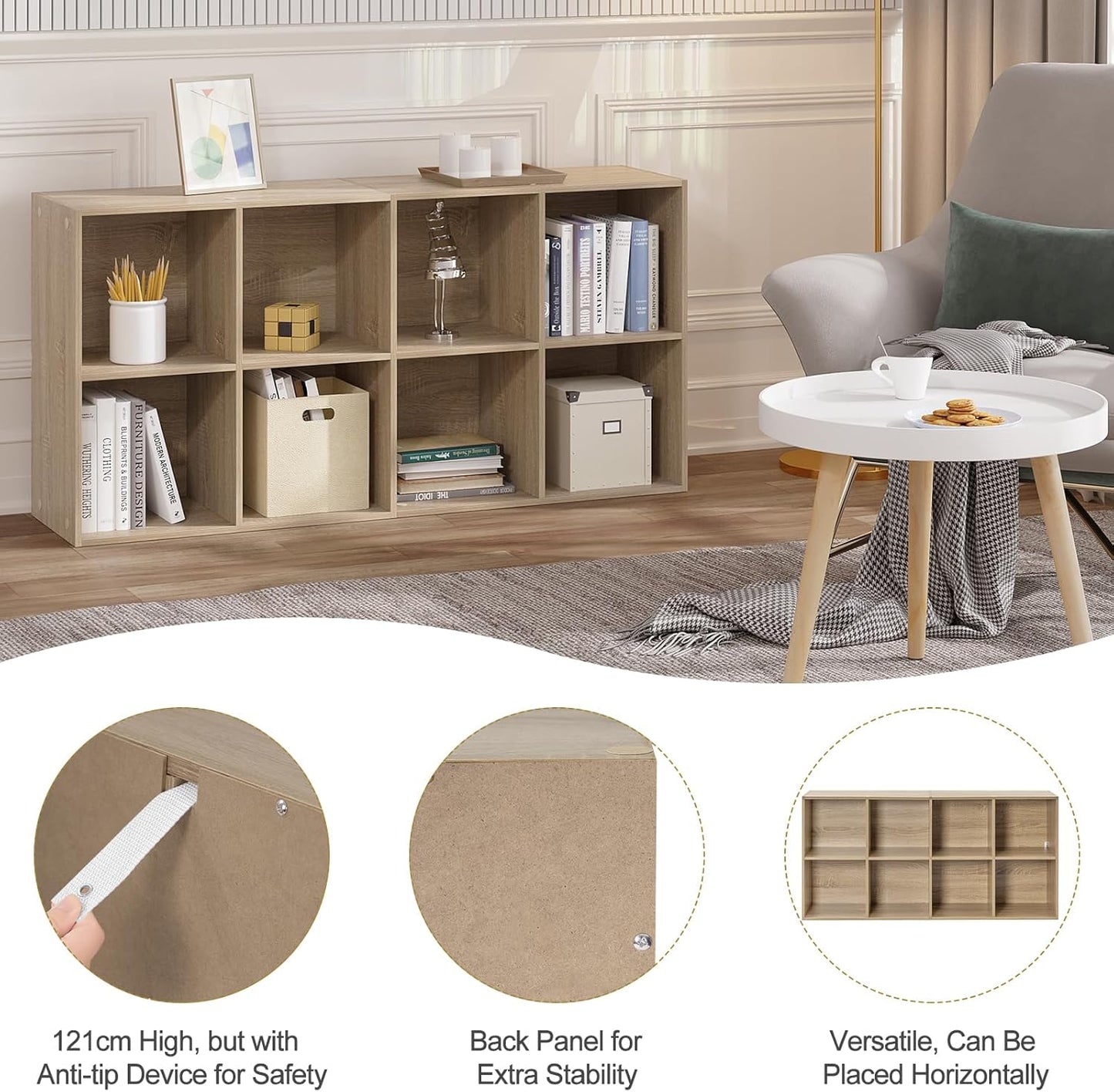 WOLTU Bücherregal mit 8 Fächern – Helle Eiche – 60 x 29,5 x 121 cm