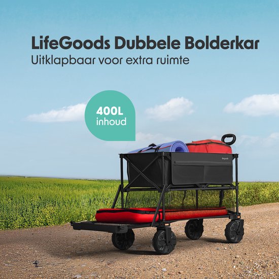 LifeGoods Double Wagon - Faltbarer Wagen - 200KG - 400L - faltbar - mit Schutzhülle - Schwarz