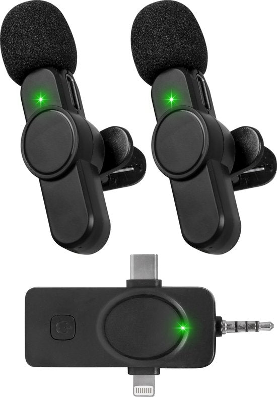 Nuvance - Drahtloses Mikrofon - 2 Stück - Geeignet für Klinke 3,5 mm, USB-C und Lightning - Krawattennadel-Mikrofon - Lavalier-Mikrofon Drahtlos - Mikrofone - Plug & Play