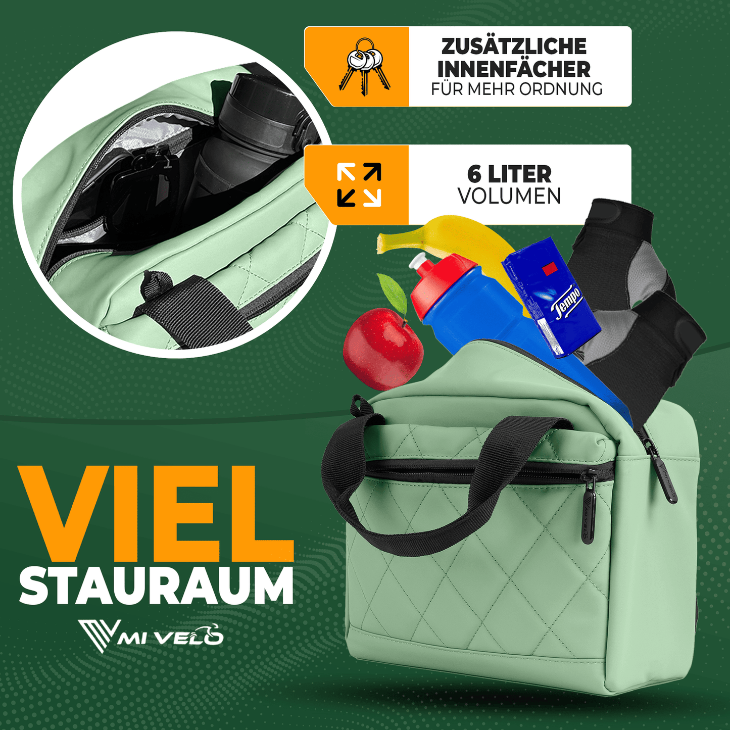 MIVELO Lenker Fahrradtasche - Wasserabweisend - 7 Liter - Mint