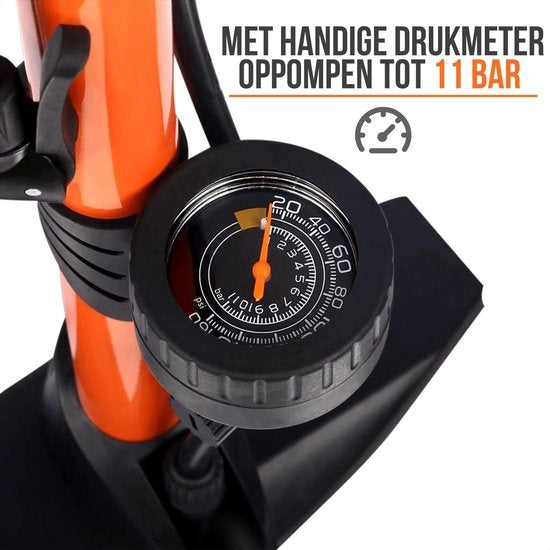 Strex Fahrradpumpe - Druckmesser - 11 Bar - Ballpumpe - Orange