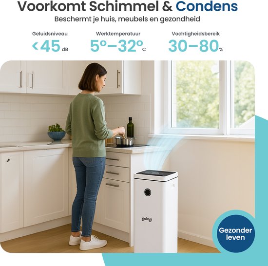 Gologi Luftentfeuchter mit App - Entfeuchtet bis zu 12L pro Tag - Wasch-Trocken-Funktion - Für Zuhause - Geeignet für Keller, Schlafzimmer, Badezimmer und Wohnzimmer - Luftentfeuchter - Feuchtigkeitsfresser gegen Schimmel - Weiß