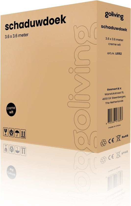 Goliving Schaduwdoek - Vierkant zonnezeil - Zonnedoek - Blokkeert UV-straling - 3.6 x 3.6 meter - Creme wit