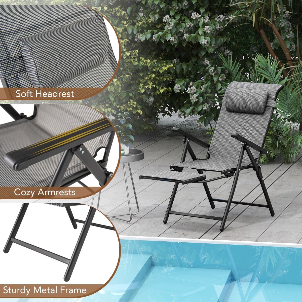 Coast Gartenstuhlset – zusammenklappbar – verstellbare Rückenlehne und Fußstütze – grau