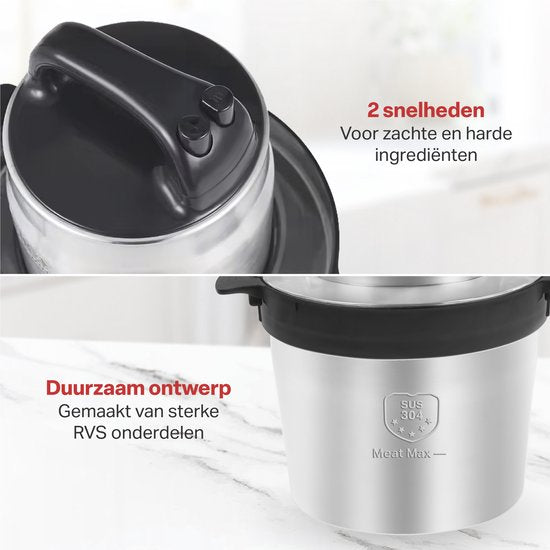 AoraKitchen - Zerkleinerer - Elektrisch - 5 Liter - 2000W - 4 Edelstahl-Messer