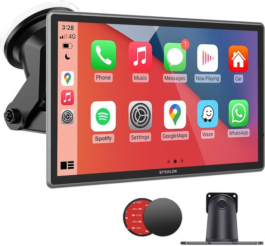 Strolox CarPlay-Bildschirm 9 Zoll – Kompatibel mit Apple CarPlay und Android Auto – Drahtlos – Navigationssystem – Universelles Auto-Stereo-Bluetooth – USB-C-Anschluss – 2 Befestigungshalterungen – 2024