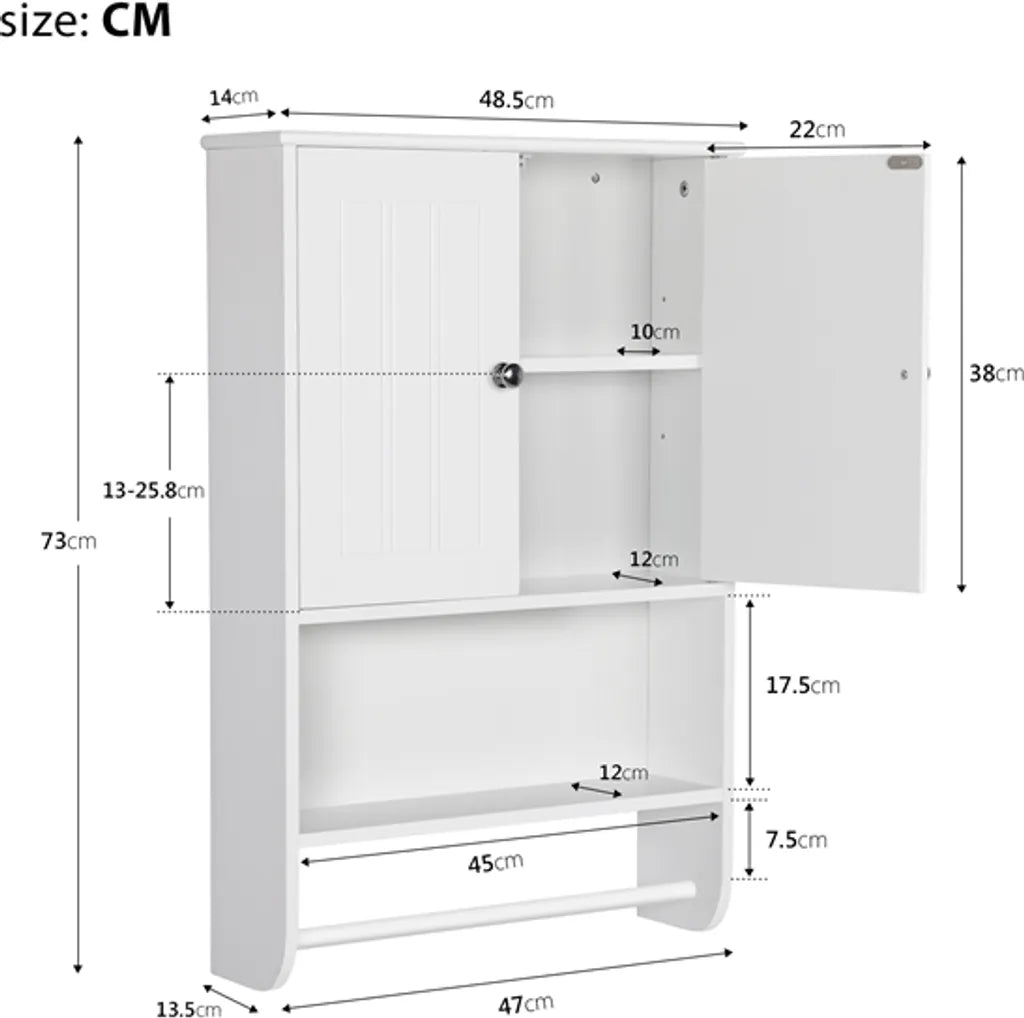 Yaheetech Wandschrank für das Badezimmer – Weiß – 48,5 x 14 x 73 cm – Handtuchhalter, offenes Fach, verstellbare Einlegeböden