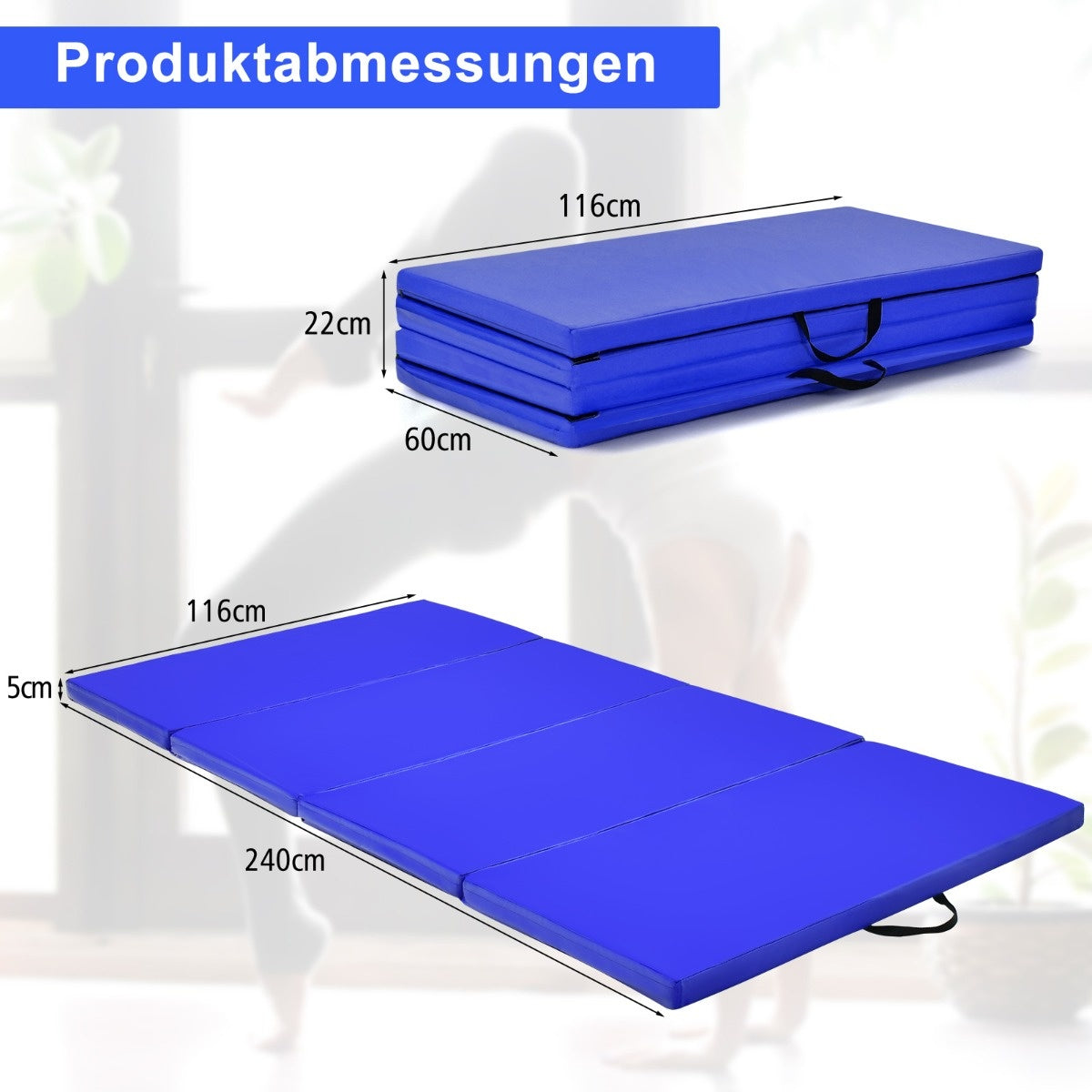 Faltbare Gymnastikmatte Coast 240 x 120 x 5 cm mit Klettverschluss und 2 Griffen