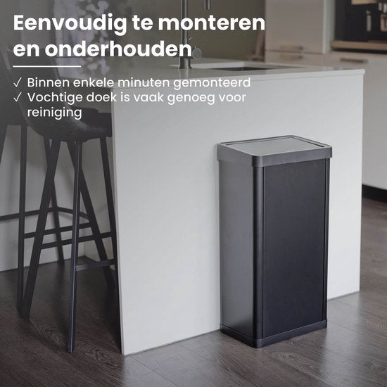 QLT Knockdown Push Mülleimer 50 Liter - Deckel öffnet durch Drücken - Fingerabdrucksicher - Modernes und langlebiges Design - 36x24.2x83 cm - Schwarz