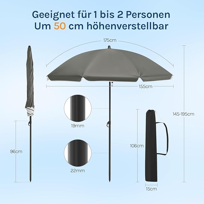 WOLTU GSS0007dgr03 - Balkon-Sonnenschirm 175 cm - UPF 50+ UV-Schutz - Verstellbar und neigbar - Dunkelgrau