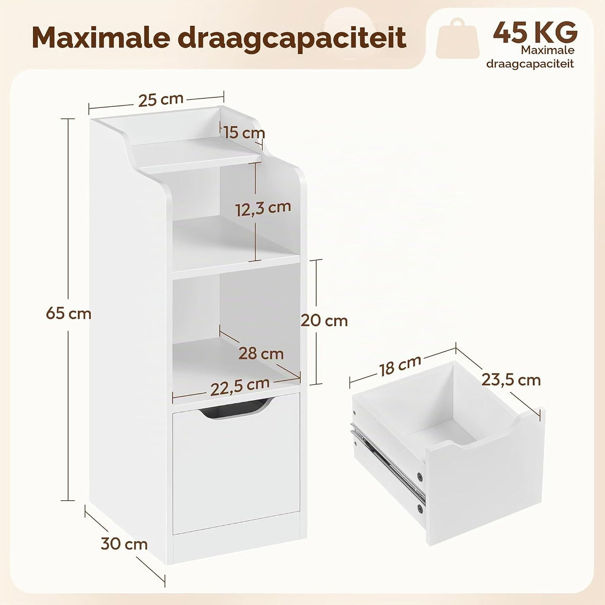 Yaheetech Schmales Nachttischchen 30 x 25 x 65 cm mit Schublade – 2 Fächer – Weiß