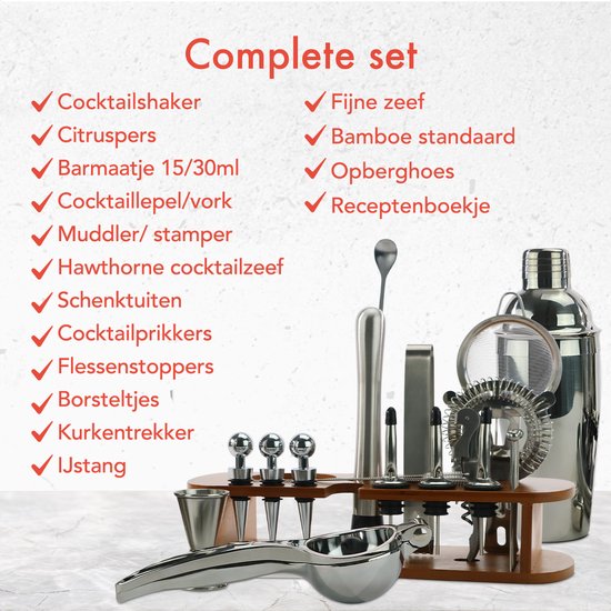 KitchenBrothers Cocktail Set - 25 Stück - Deluxe Set - Cocktail Shaker (750ml) - Dunkelbraun/Bambus - Mit Rezeptheft - Geschenkverpackung