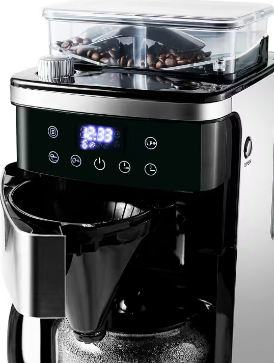 Hanseatic Kaffeemaschine mit Mahlwerk HCMG105015SD – Schwarz/Silber – 21 x 31 x 42 cm – 1,5 l, 12 Tassen