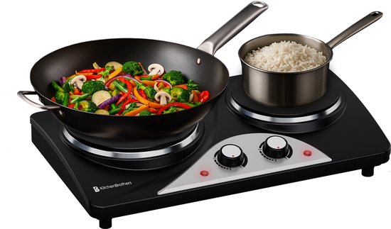 KitchenBrothers Elektrokochfeld - 2 Brenner - Freistehend - 7 Temperaturstufen - 1500W + 1000W - Schwarz