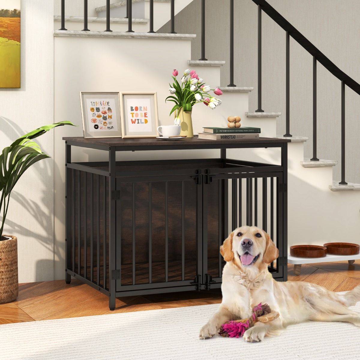 Coast Hundebox-Möbel – 3 Türen – Beistelltischfunktion – rustikales Braun und Schwarz – 80 x 60 x 64 cm