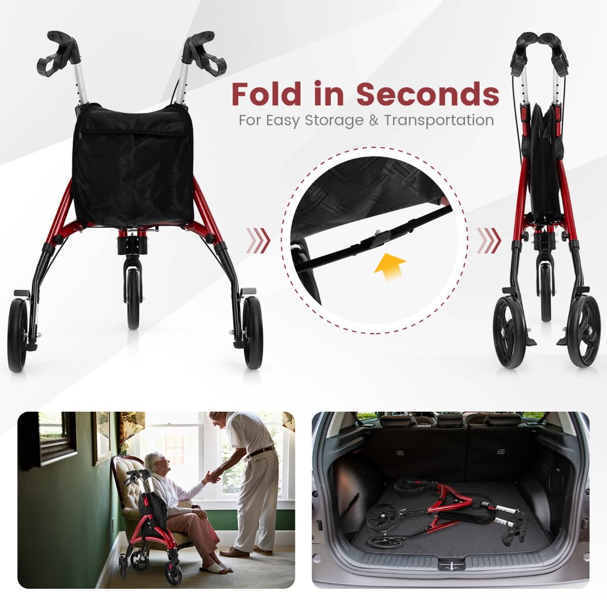 coast walker for seniors - Faltbarer Rollator Rot - Aluminiumrahmen - 78x67.5x86-96 cm - 20 cm Räder