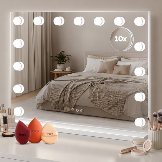 Fraay® Hollywood Spiegel mit Beleuchtung 60x50cm - 3 Lichtstufen - Luxus Make Up Spiegel mit 10-facher Vergrößerung Spiegel - LED Beleuchtung dimmbar - Inkl. 2 Beauty Blenders und Puderquaste