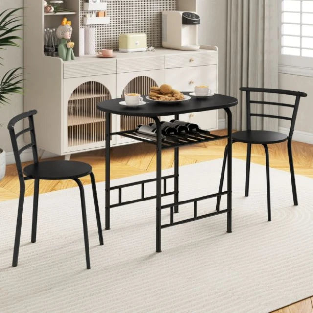 Coast Esstisch-Set Schwarz - 3-teiliges Bar-Tisch-Set mit 2 Stühlen und Weinregal - Tisch 80 x 53 x 77 cm